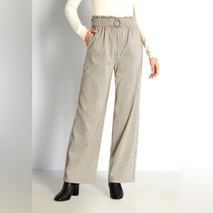 Oat New York Wide-Leg Belted Pants in Grey Checker Plaid